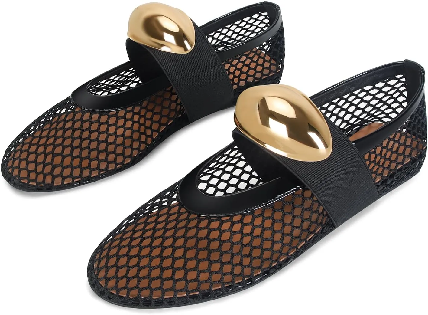 Mesh Ballet Flats for Women Buckle Strap Comfy Casual Office Fishnet Ballerina Flat Shoes
