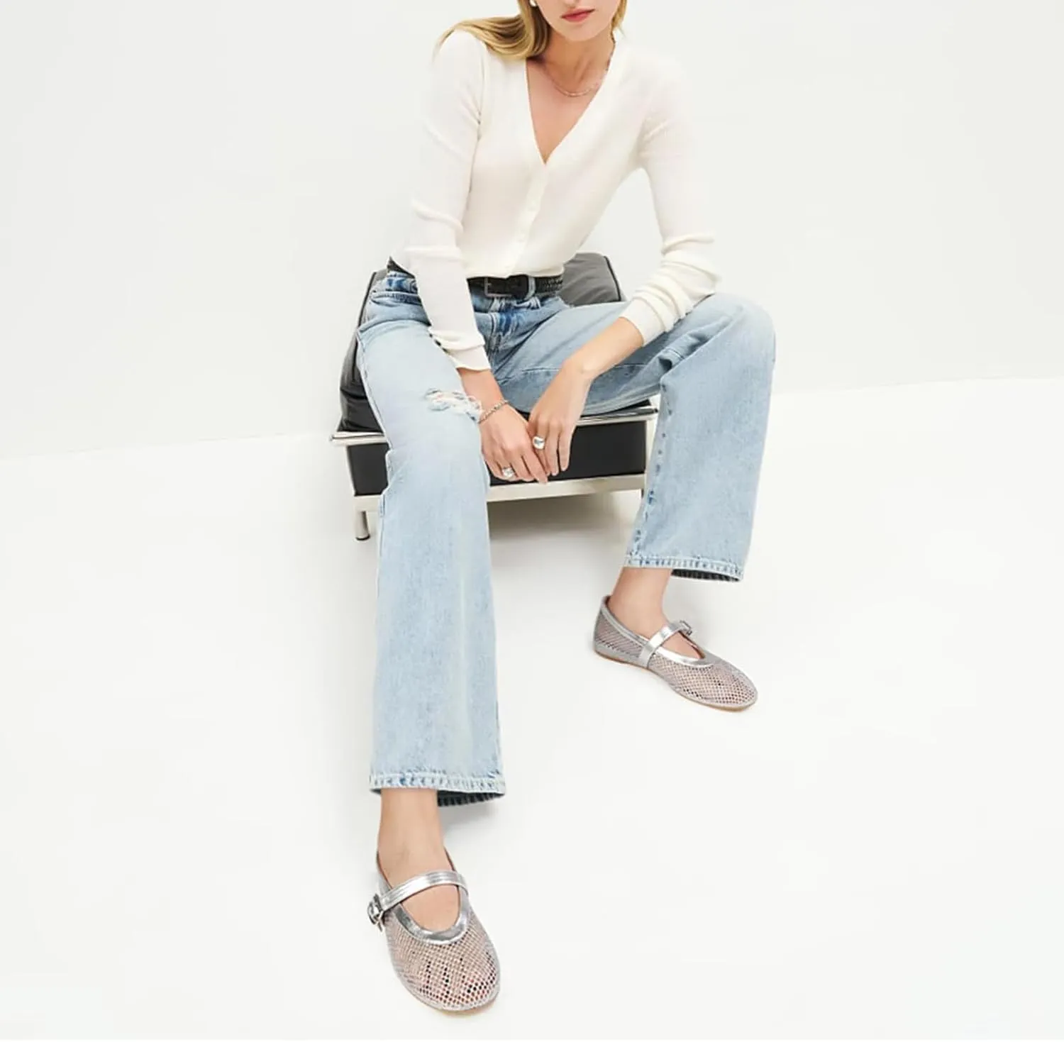 Mesh Ballet Flats for Women Buckle Strap Comfy Casual Office Fishnet Ballerina Flat Shoes