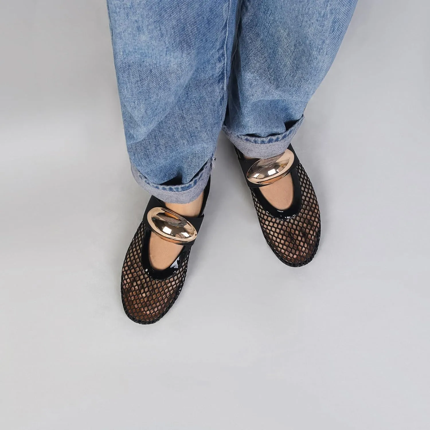 Mesh Ballet Flats for Women Buckle Strap Comfy Casual Office Fishnet Ballerina Flat Shoes