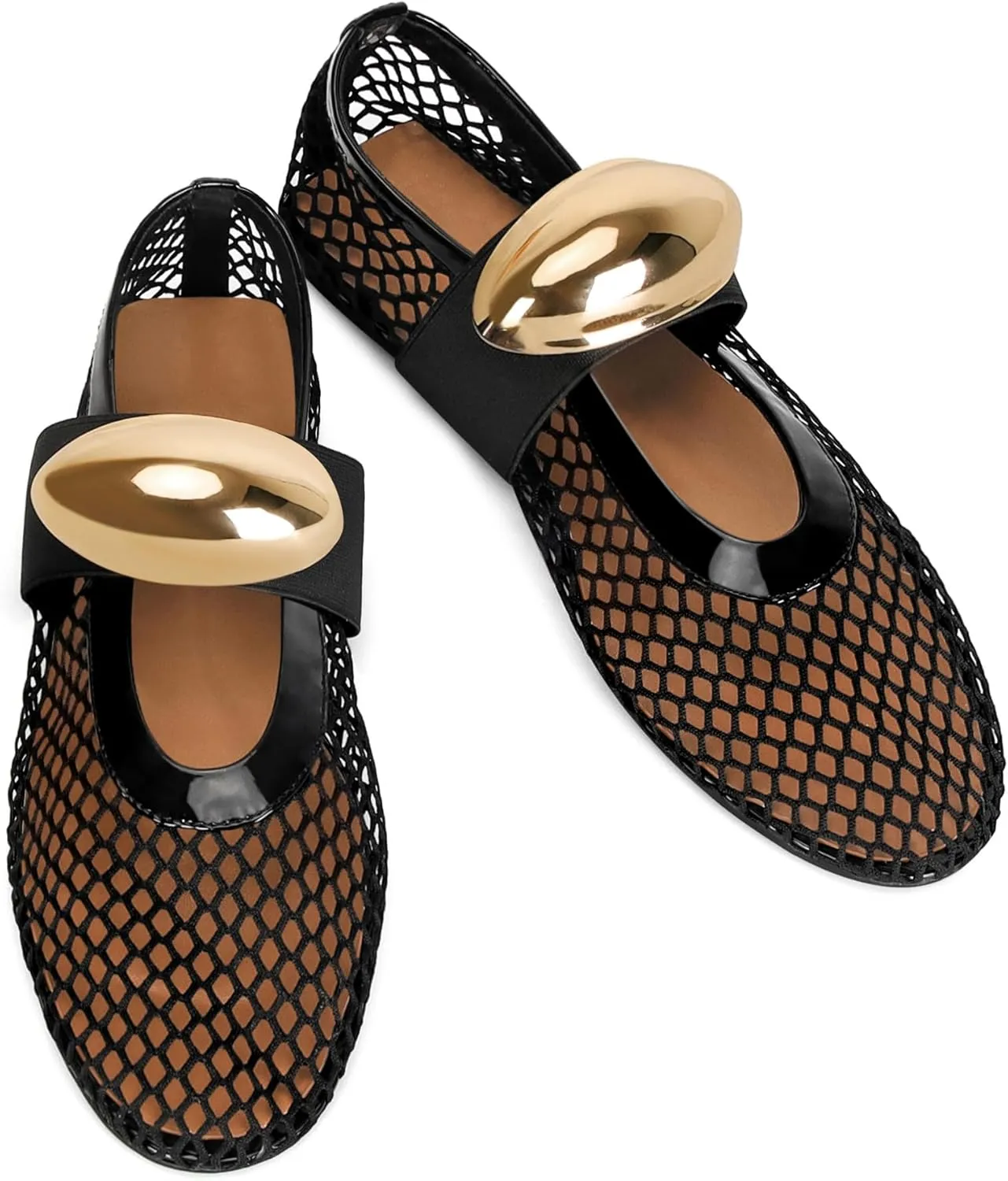 Mesh Ballet Flats for Women Buckle Strap Comfy Casual Office Fishnet Ballerina Flat Shoes