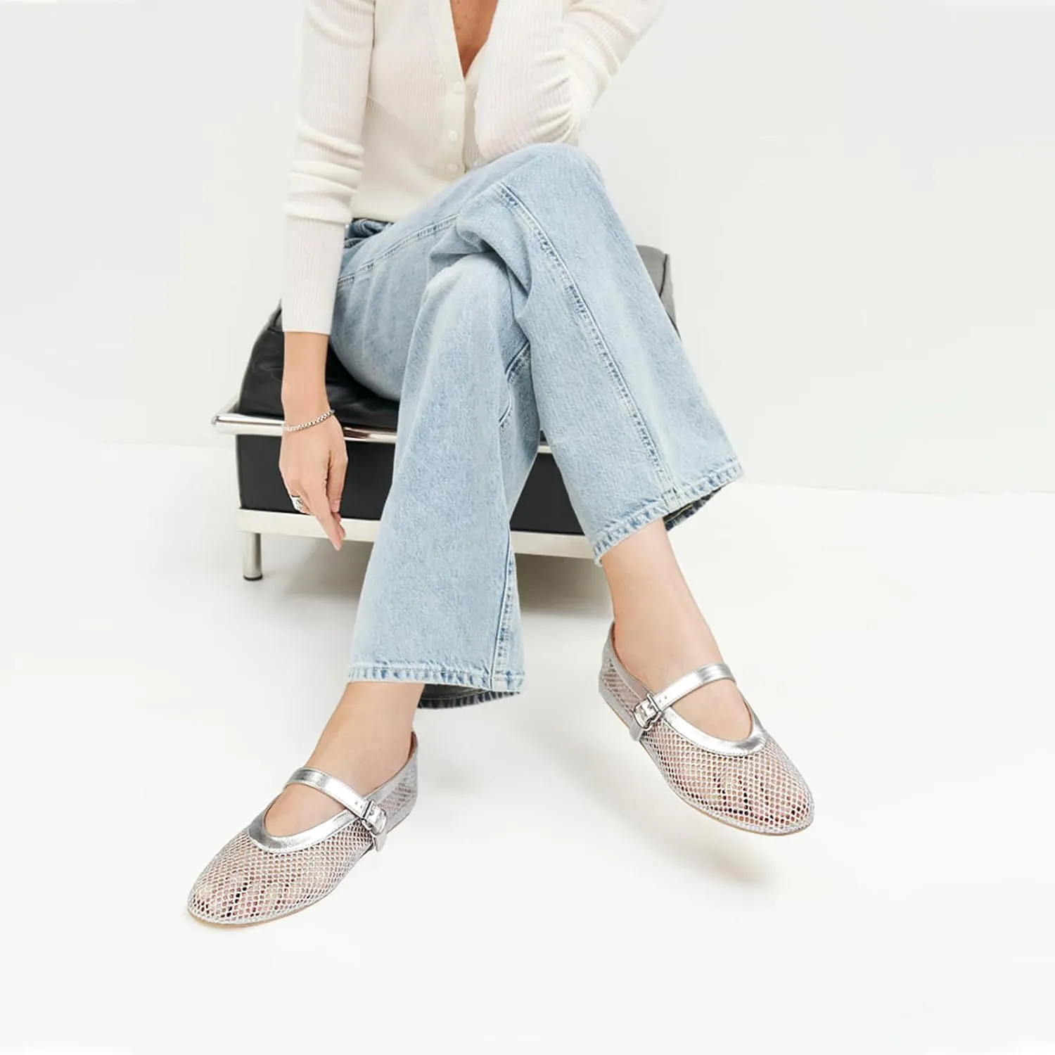 Mesh Ballet Flats for Women Buckle Strap Comfy Casual Office Fishnet Ballerina Flat Shoes