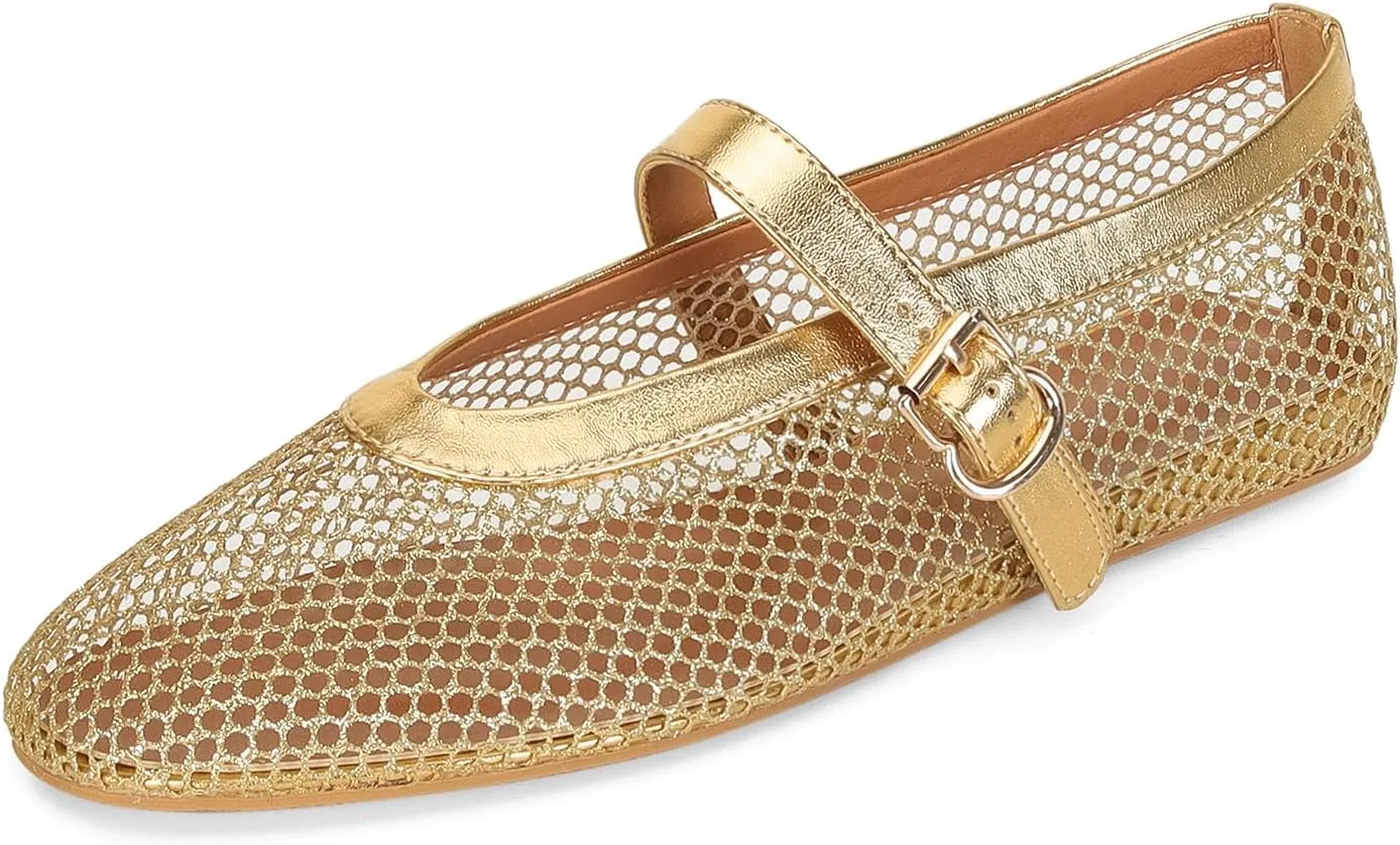 Mesh Ballet Flats for Women Buckle Strap Comfy Casual Office Fishnet Ballerina Flat Shoes