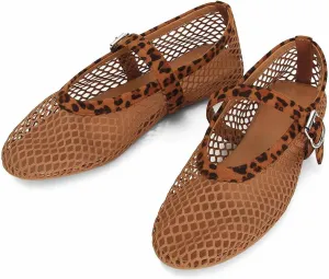MICIFA Women's Mesh Ballet Flats Fishnet Ballerina Flats Buckle Strap Mary Jane Flats Causal Daily Dress Shoes