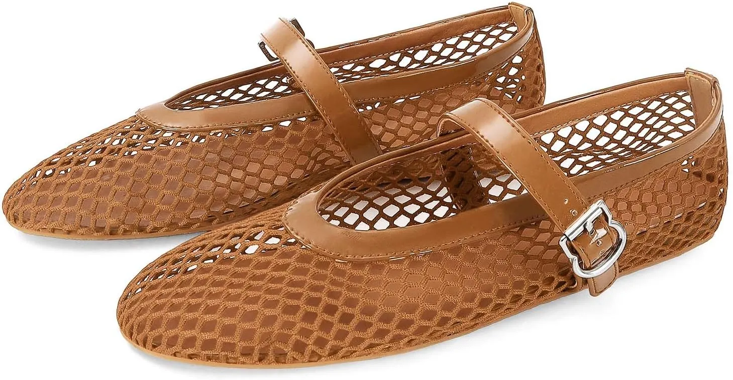 MICIFA Women's Mesh Ballet Flats Fishnet Ballerina Flats Buckle Strap Mary Jane Flats Causal Daily Dress Shoes