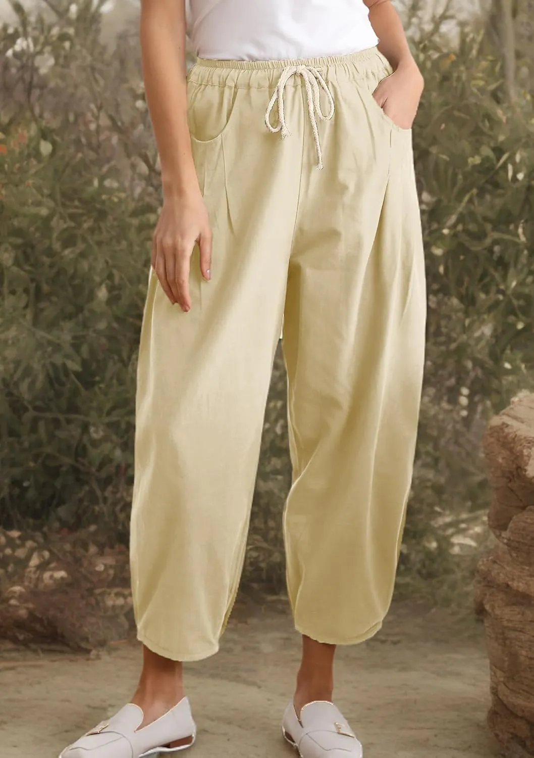 Minibee Women's Baggy Harem Pants Wide Leg Casual Pant Summer Cotton Drawstring Trousers with Pockets