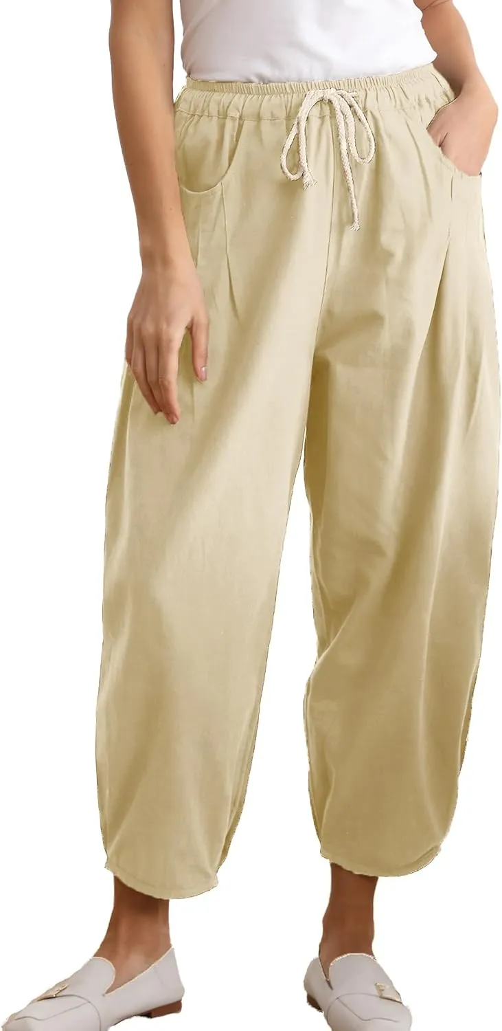 Minibee Women's Baggy Harem Pants Wide Leg Casual Pant Summer Cotton Drawstring Trousers with Pockets