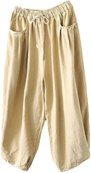 Minibee Women's Baggy Harem Pants Wide Leg Casual Pant Summer Cotton Drawstring Trousers with Pockets