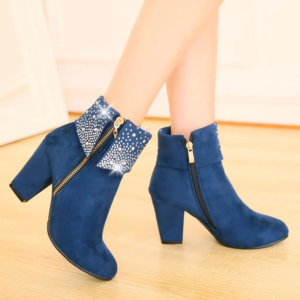 MIOKE Women's Chunky Block High Heel Ankle Boots Rhinestone Round Toe Suede Zipper Bootie Dress Short Boots