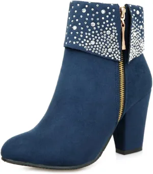 MIOKE Women's Chunky Block High Heel Ankle Boots Rhinestone Round Toe Suede Zipper Bootie Dress Short Boots