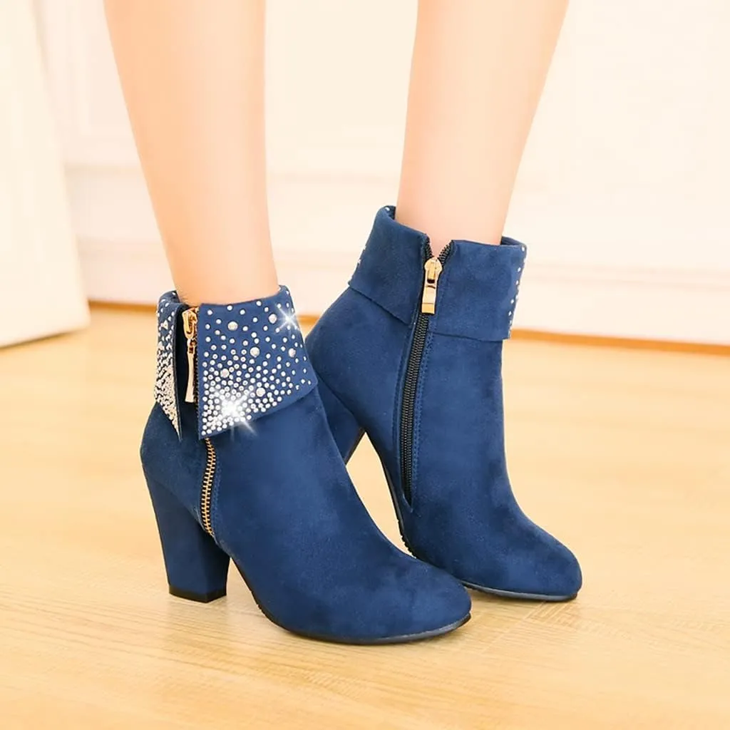 MIOKE Women's Chunky Block High Heel Ankle Boots Rhinestone Round Toe Suede Zipper Bootie Dress Short Boots