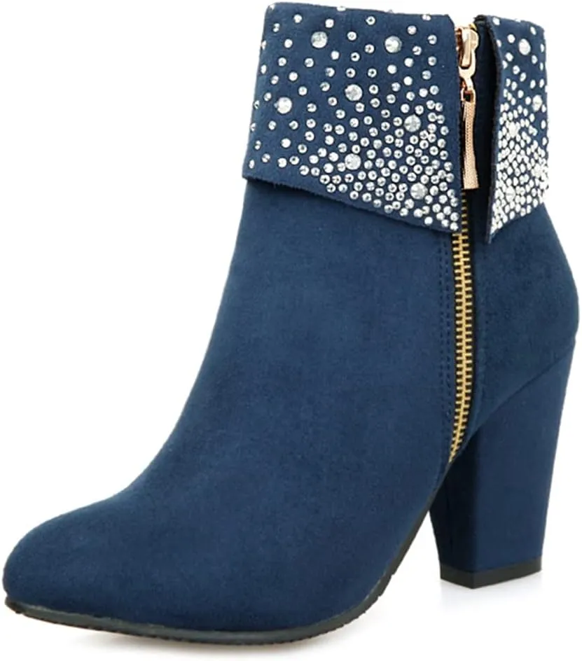 MIOKE Women's Chunky Block High Heel Ankle Boots Rhinestone Round Toe Suede Zipper Bootie Dress Short Boots