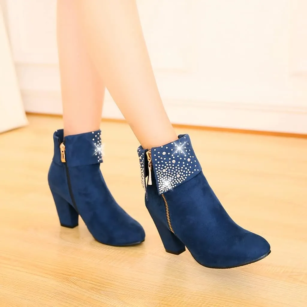 MIOKE Women's Chunky Block High Heel Ankle Boots Rhinestone Round Toe Suede Zipper Bootie Dress Short Boots