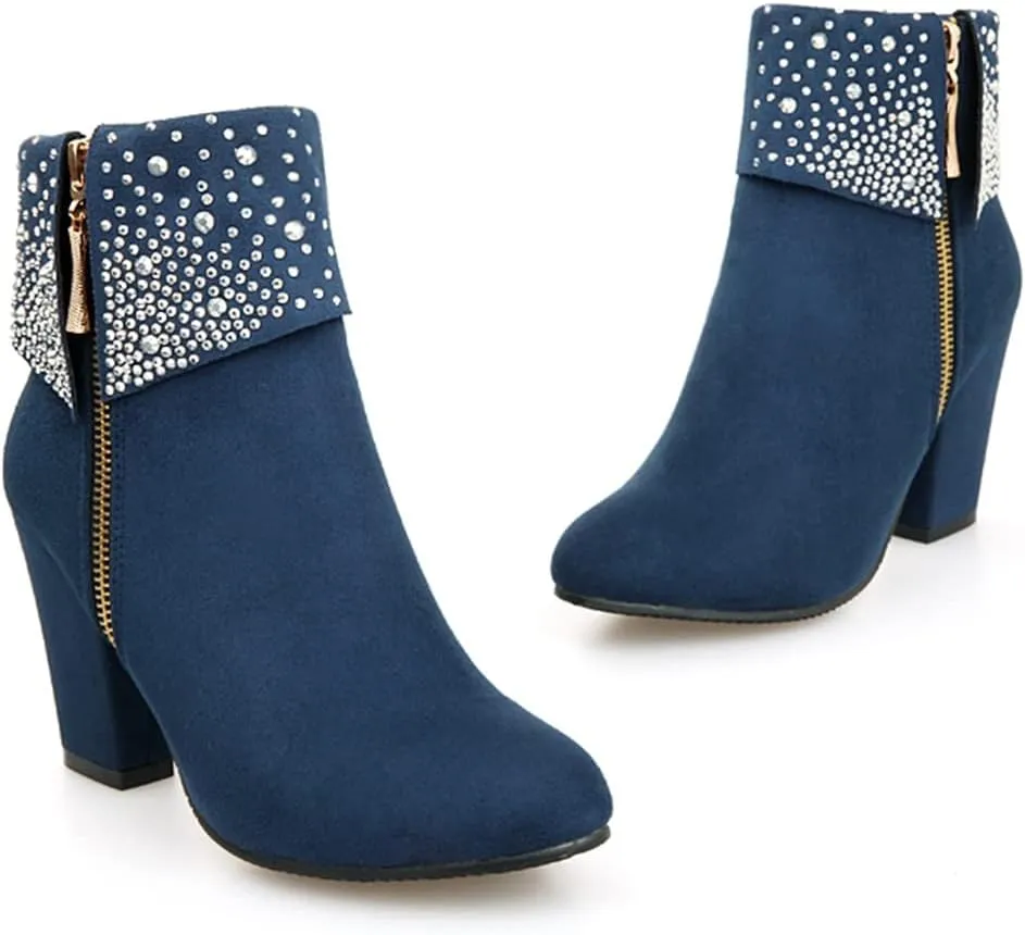MIOKE Women's Chunky Block High Heel Ankle Boots Rhinestone Round Toe Suede Zipper Bootie Dress Short Boots