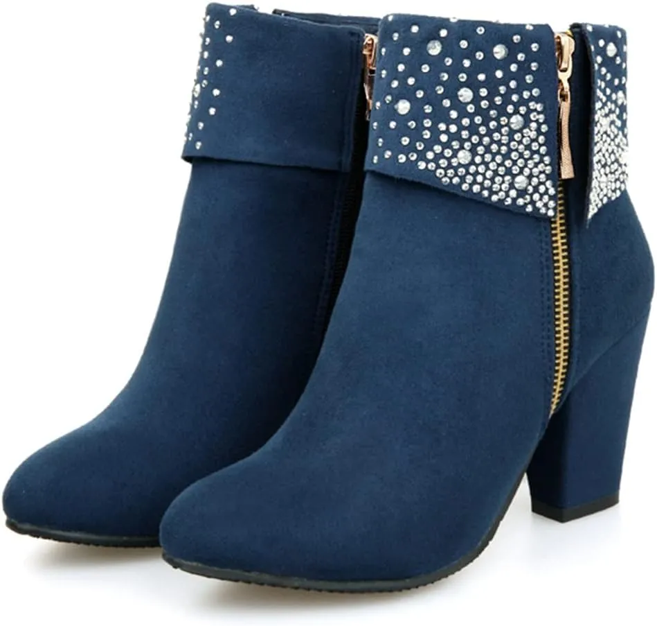 MIOKE Women's Chunky Block High Heel Ankle Boots Rhinestone Round Toe Suede Zipper Bootie Dress Short Boots