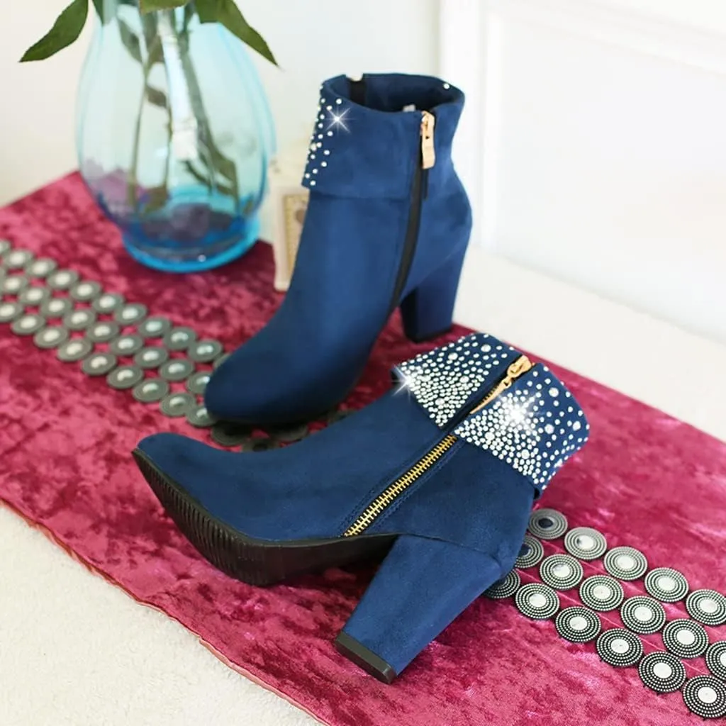 MIOKE Women's Chunky Block High Heel Ankle Boots Rhinestone Round Toe Suede Zipper Bootie Dress Short Boots