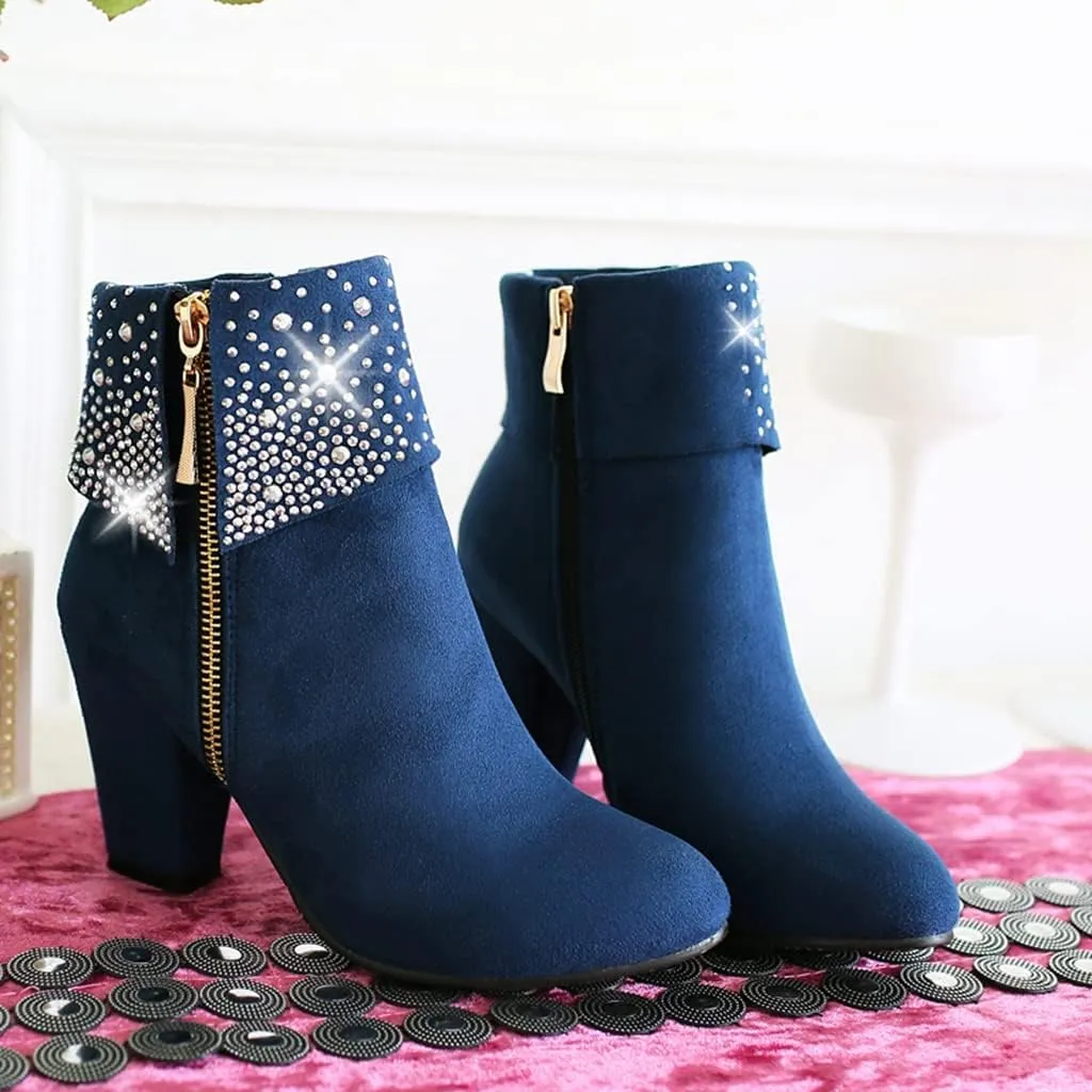 MIOKE Women's Chunky Block High Heel Ankle Boots Rhinestone Round Toe Suede Zipper Bootie Dress Short Boots
