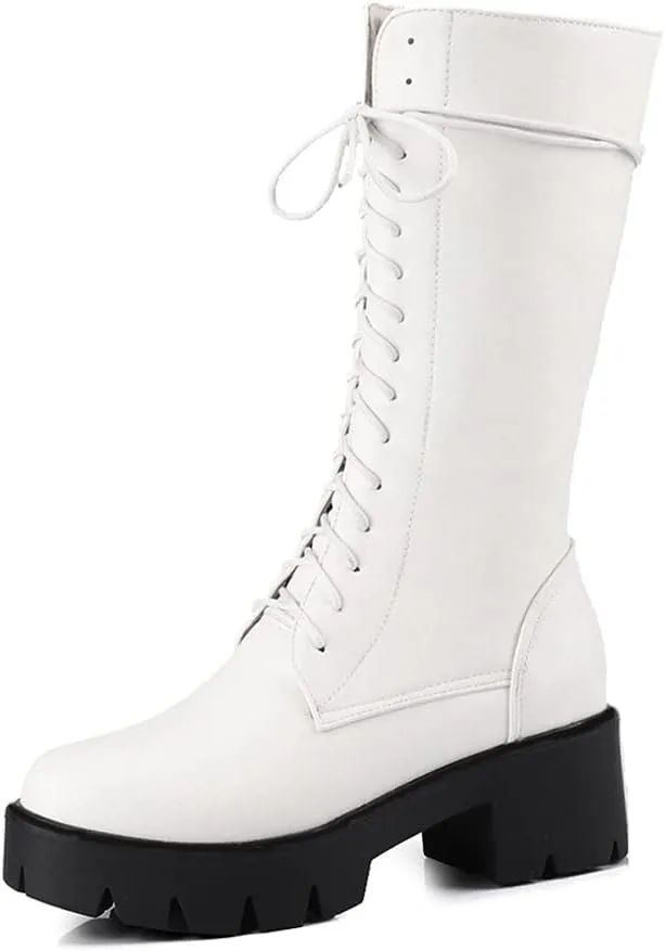 MIOKE Women's Round Toe Lace Up Dressy Boots Mid Wide Calf Platform Chunky Mid Heel Western Riding Boots