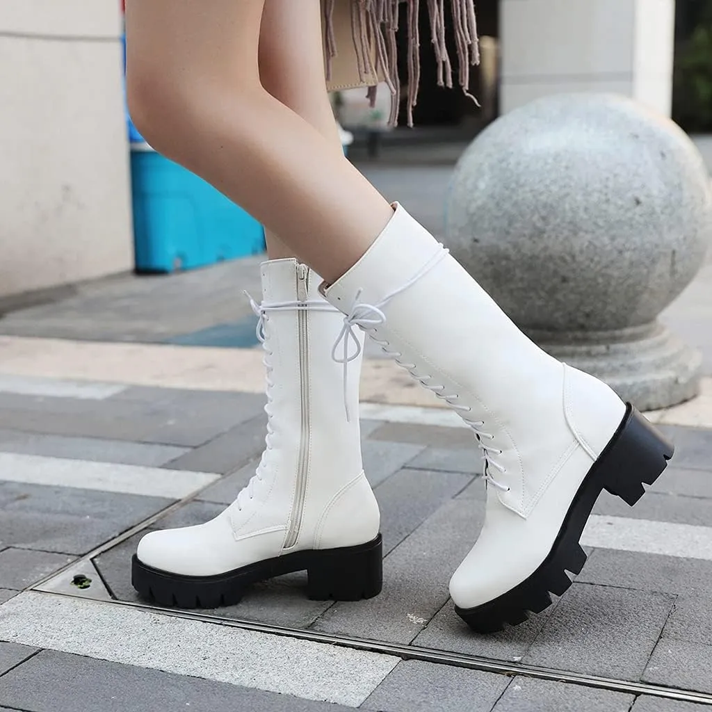 MIOKE Women's Round Toe Lace Up Dressy Boots Mid Wide Calf Platform Chunky Mid Heel Western Riding Boots
