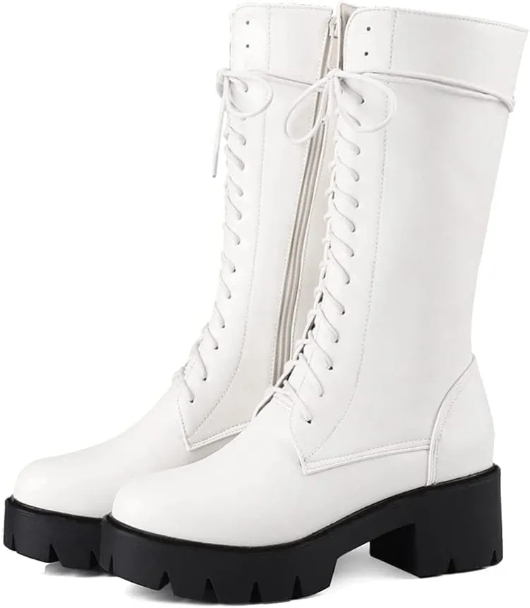 MIOKE Women's Round Toe Lace Up Dressy Boots Mid Wide Calf Platform Chunky Mid Heel Western Riding Boots