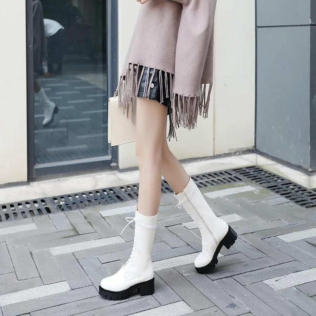 MIOKE Women's Round Toe Lace Up Dressy Boots Mid Wide Calf Platform Chunky Mid Heel Western Riding Boots