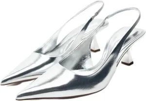 MRKEWUNEY Fashion Silver Slingback Pumps Shoes for Women Pointed Toe Kitten Heels Buckle Strap Work Pumps Slip On Comfortable Dress Shoes Metallic Silver Shoes for Women Silver Size 37