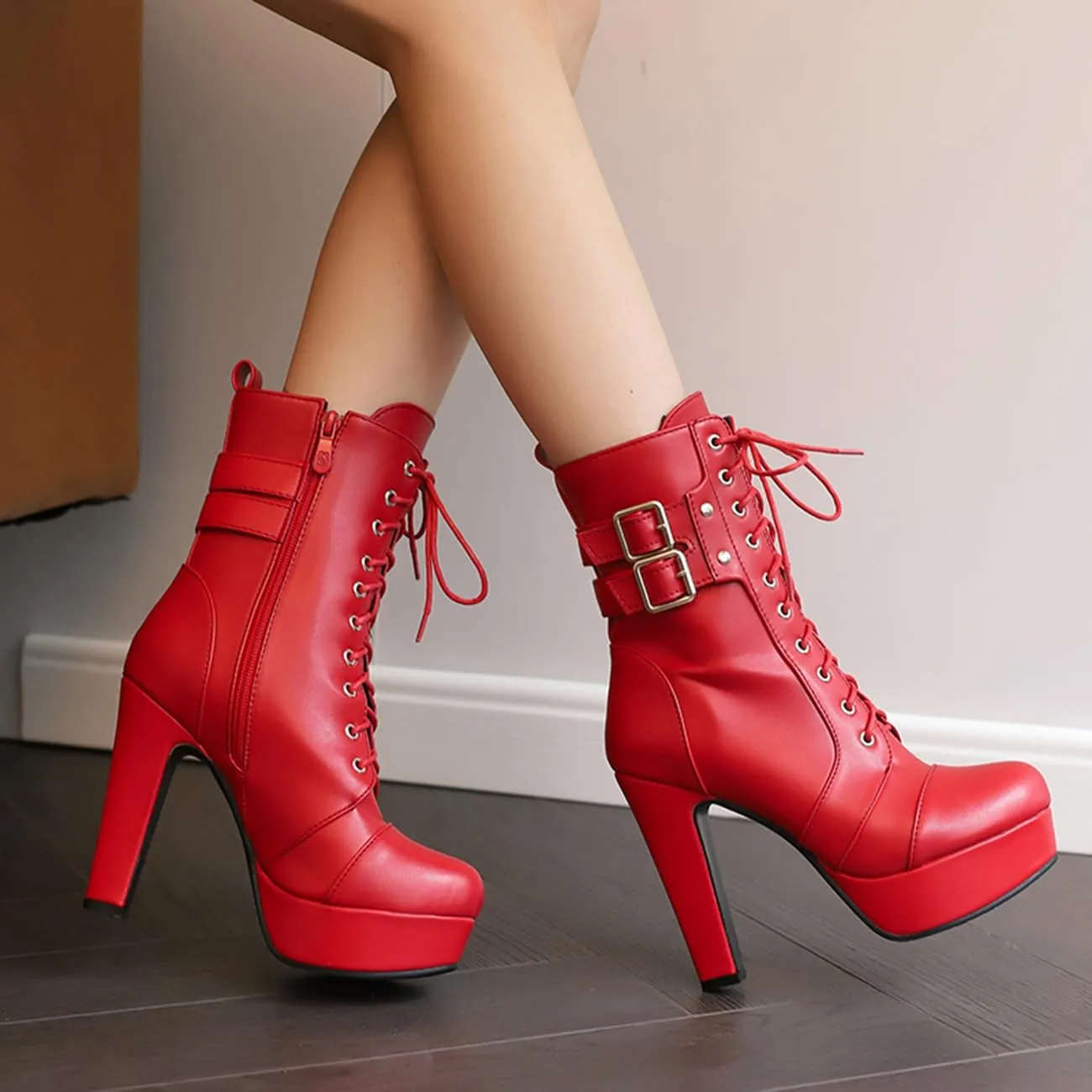 MRKEWUNEY Fashion Womens Chunky High Heels Ankle Boots Lace up Platform Heels Booties