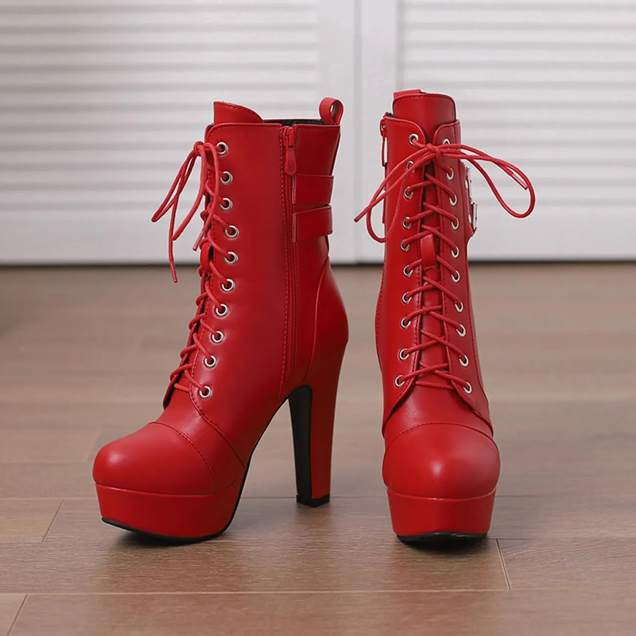 MRKEWUNEY Fashion Womens Chunky High Heels Ankle Boots Lace up Platform Heels Booties