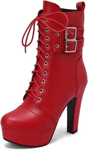 MRKEWUNEY Fashion Womens Chunky High Heels Ankle Boots Lace up Platform Heels Booties