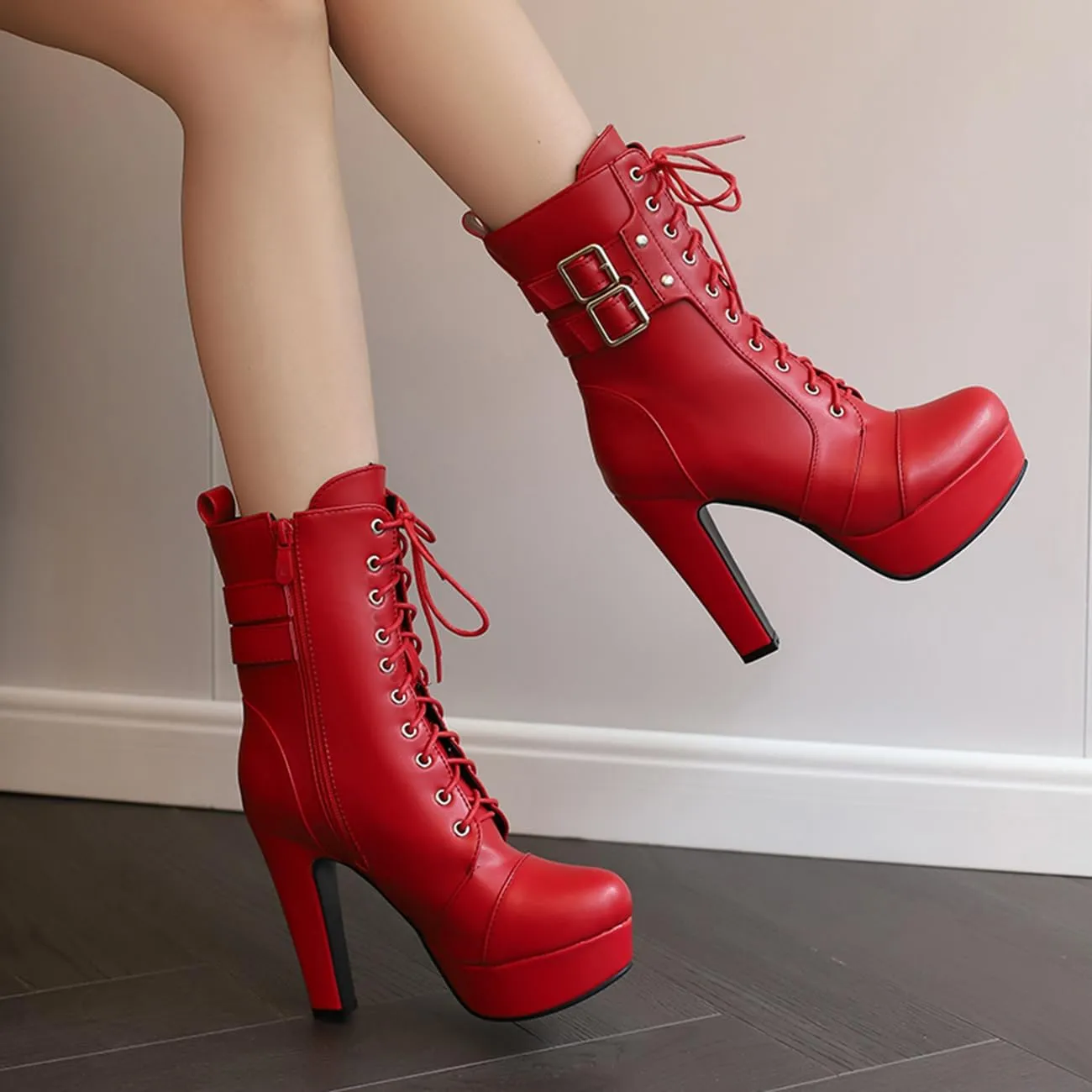 MRKEWUNEY Fashion Womens Chunky High Heels Ankle Boots Lace up Platform Heels Booties