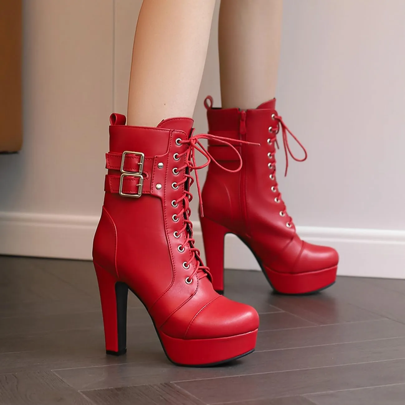 MRKEWUNEY Fashion Womens Chunky High Heels Ankle Boots Lace up Platform Heels Booties