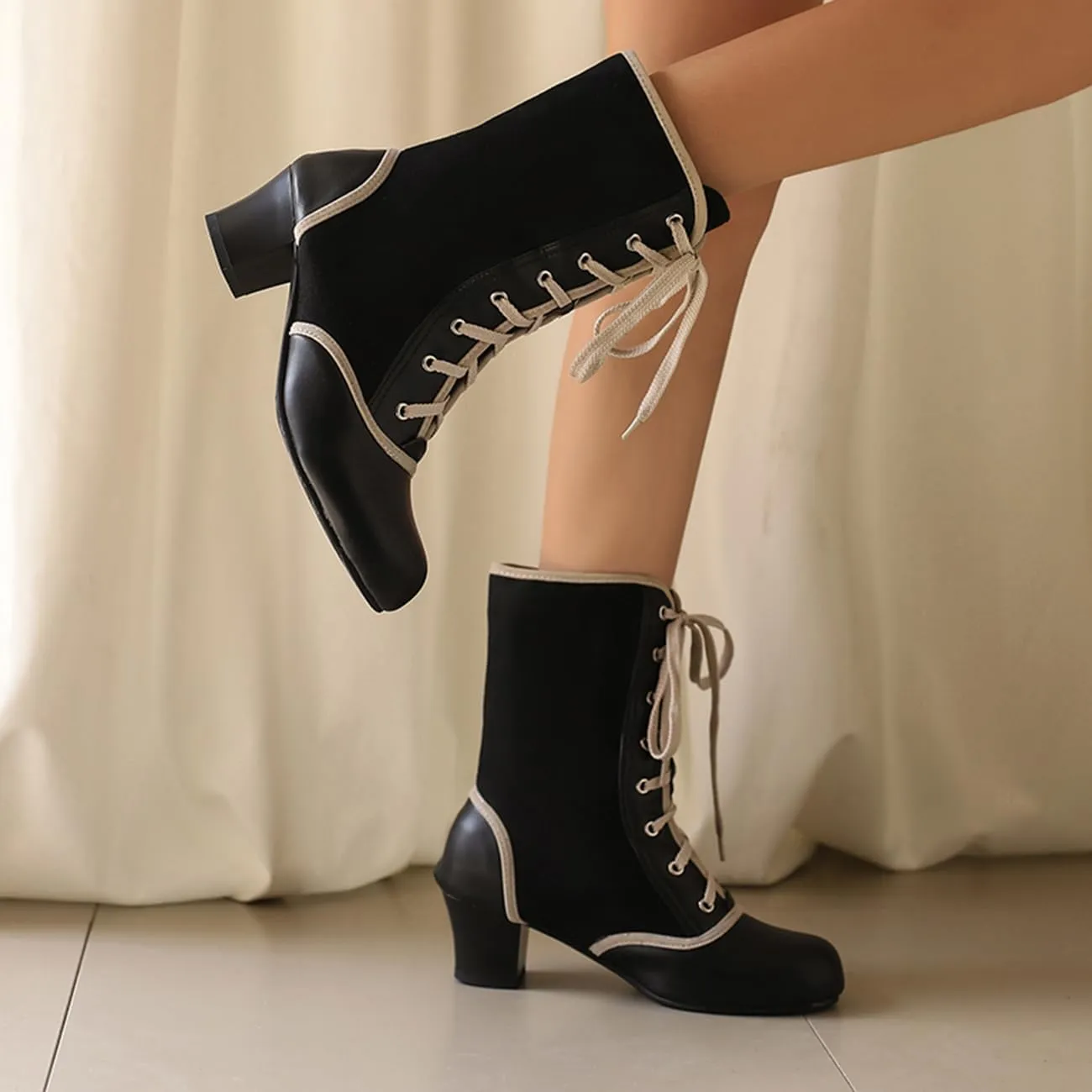 MRKEWUNEY Vintage Women Victorian Boots 70s Kitten Heel Ankle Boots