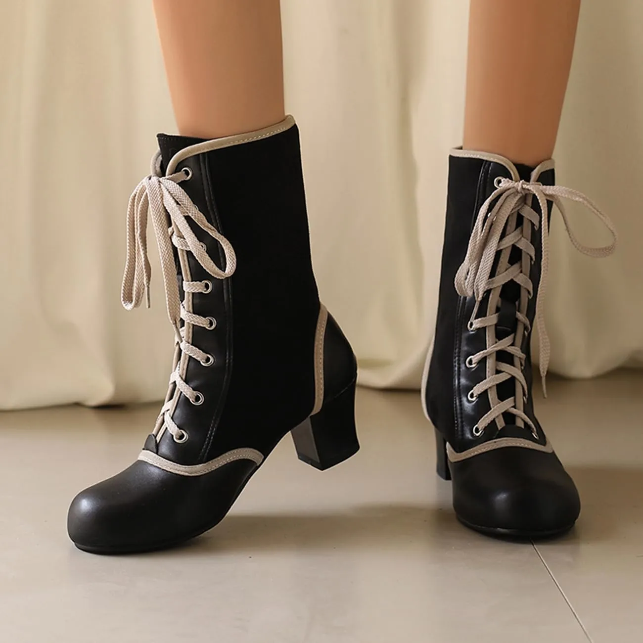 MRKEWUNEY Vintage Women Victorian Boots 70s Kitten Heel Ankle Boots