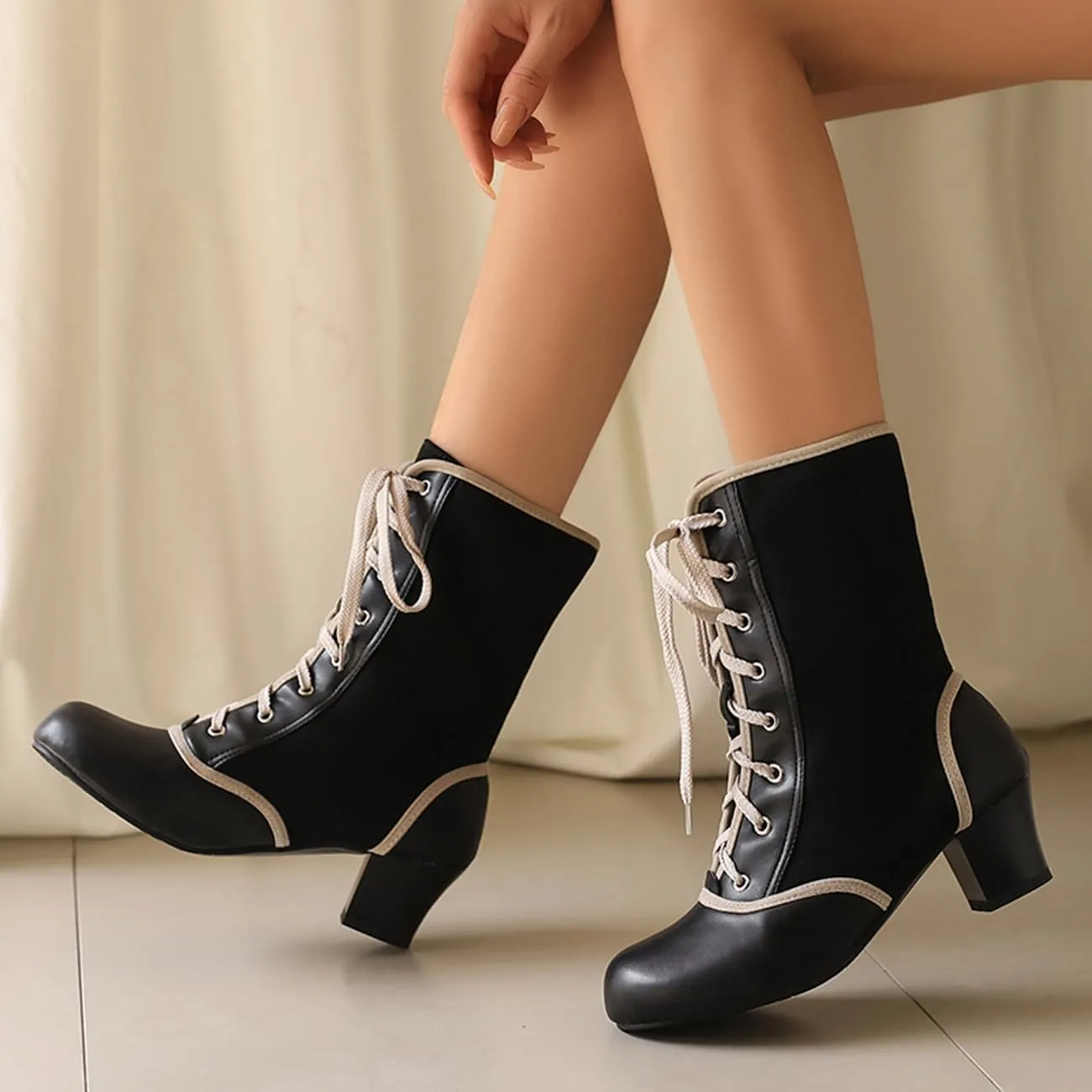 MRKEWUNEY Vintage Women Victorian Boots 70s Kitten Heel Ankle Boots