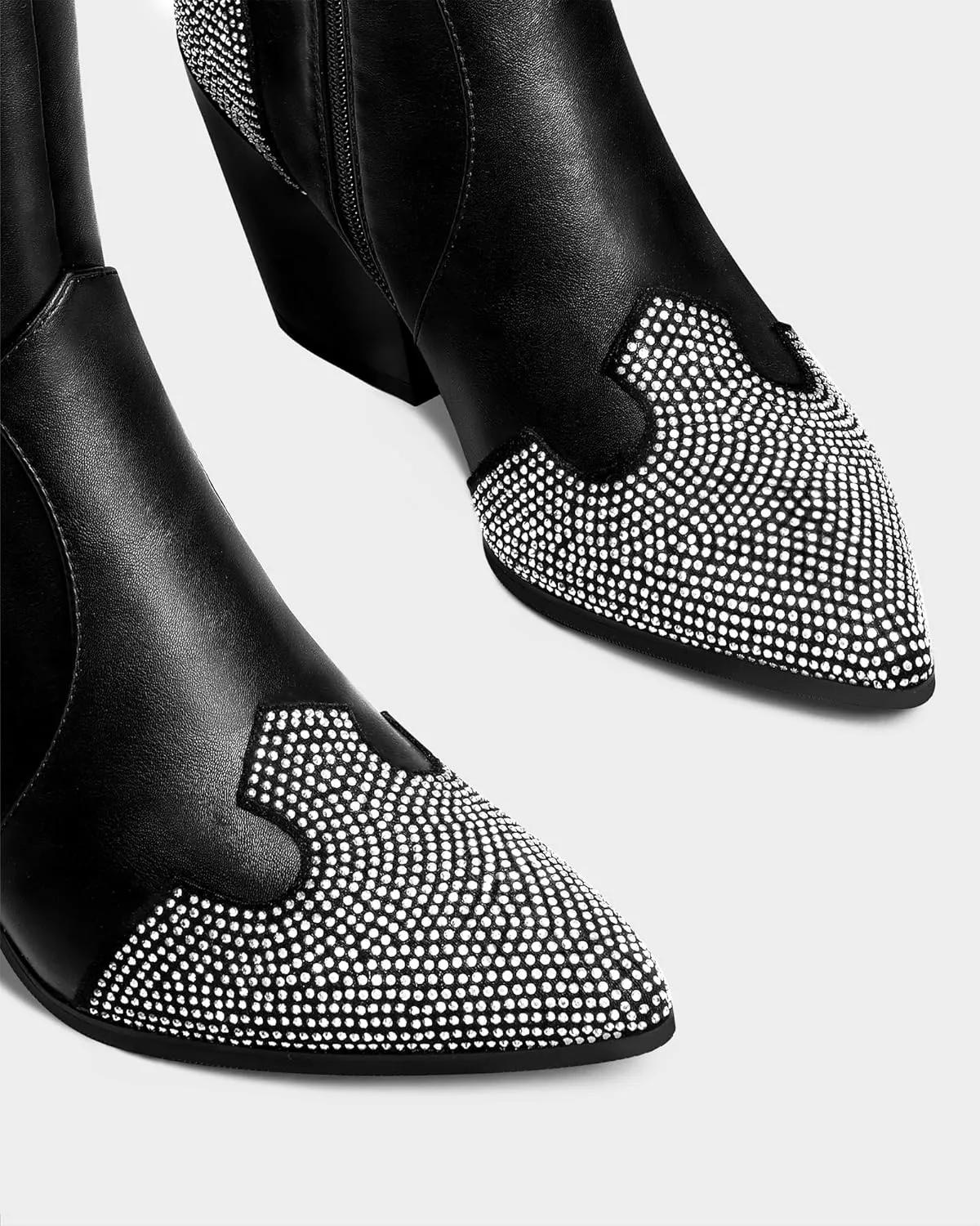 MUCCCUTE Cowboy Boots for Women Black Thigh High Boots - Fashion Cowgirl Over The Knee Boots with Rhinestone - Pointed Toe Chunky Heels Side Zipper Fall Tall Boots for Ladies
