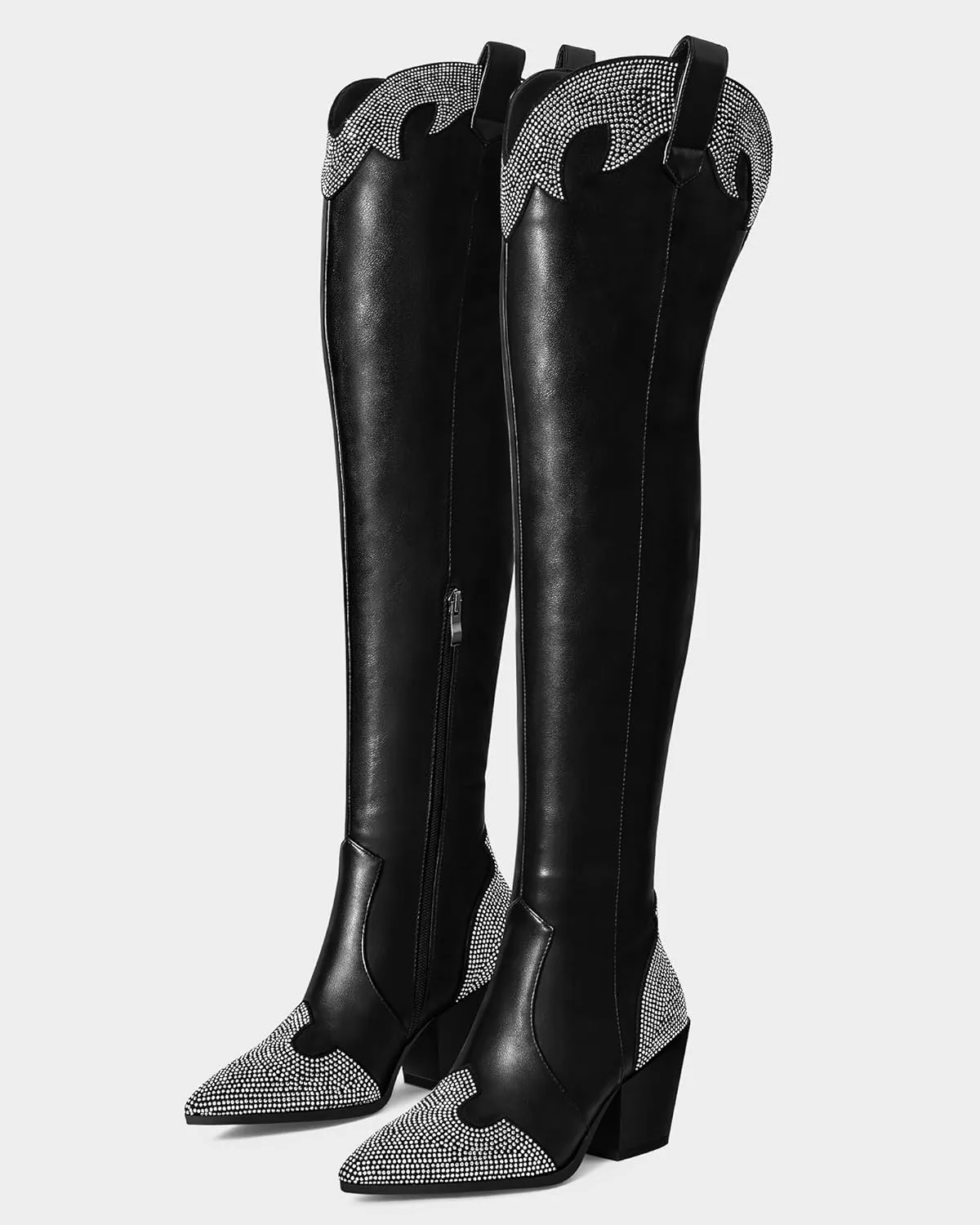 MUCCCUTE Cowboy Boots for Women Black Thigh High Boots - Fashion Cowgirl Over The Knee Boots with Rhinestone - Pointed Toe Chunky Heels Side Zipper Fall Tall Boots for Ladies