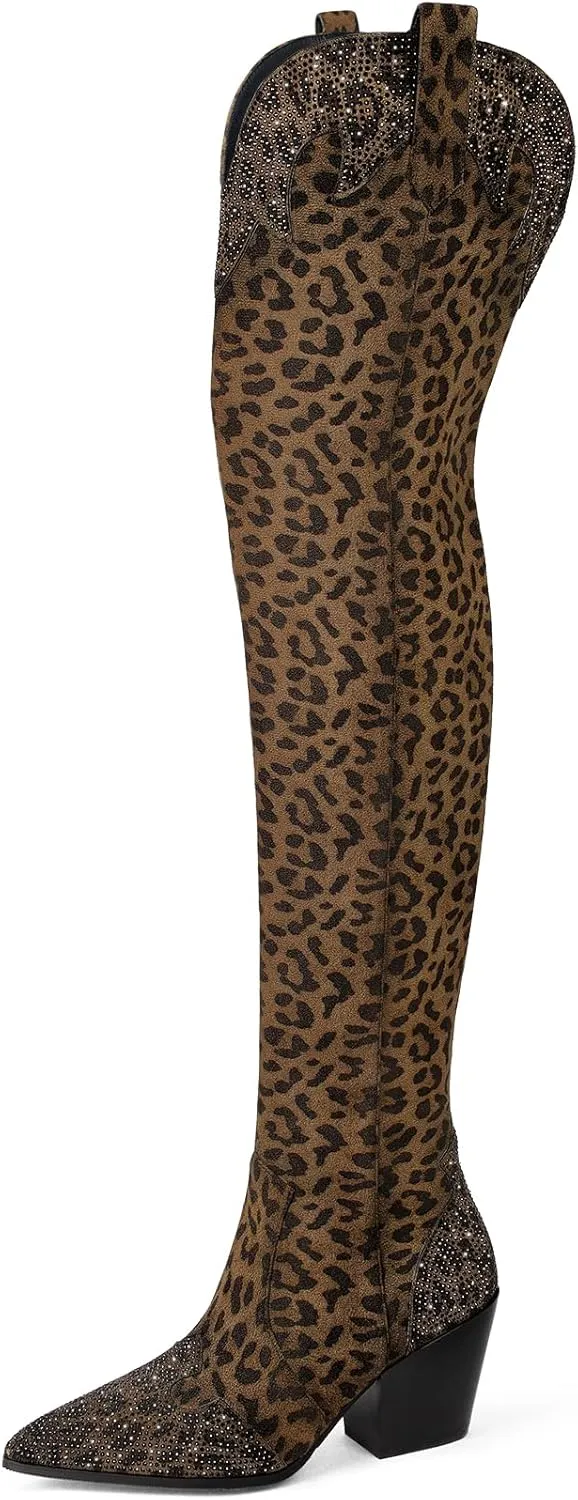 MUCCCUTE Cowboy Boots for Women Black Thigh High Boots - Fashion Cowgirl Over The Knee Boots with Rhinestone - Pointed Toe Chunky Heels Side Zipper Fall Tall Boots for Ladies