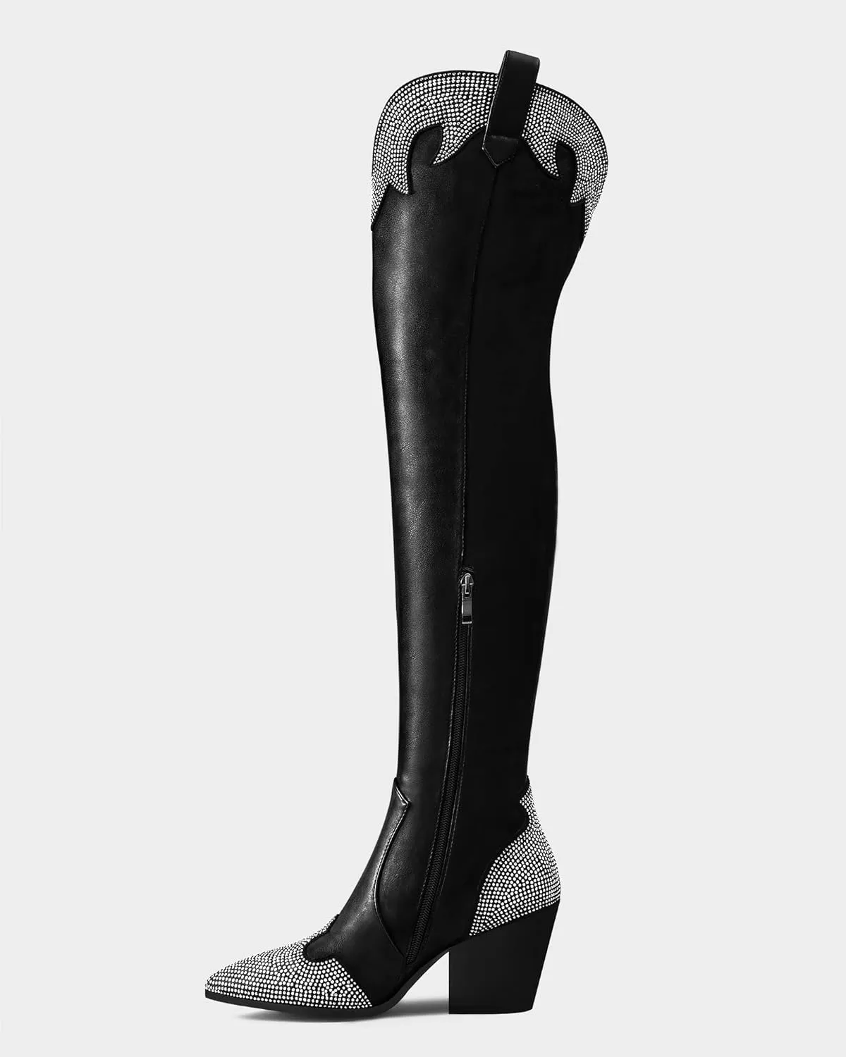 MUCCCUTE Cowboy Boots for Women Black Thigh High Boots - Fashion Cowgirl Over The Knee Boots with Rhinestone - Pointed Toe Chunky Heels Side Zipper Fall Tall Boots for Ladies