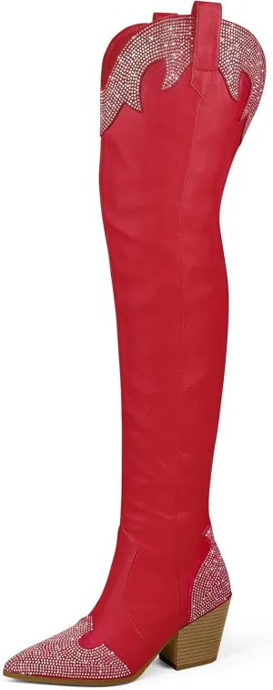 MUCCCUTE Cowboy Boots for Women Black Thigh High Boots - Fashion Cowgirl Over The Knee Boots with Rhinestone - Pointed Toe Chunky Heels Side Zipper Fall Tall Boots for Ladies