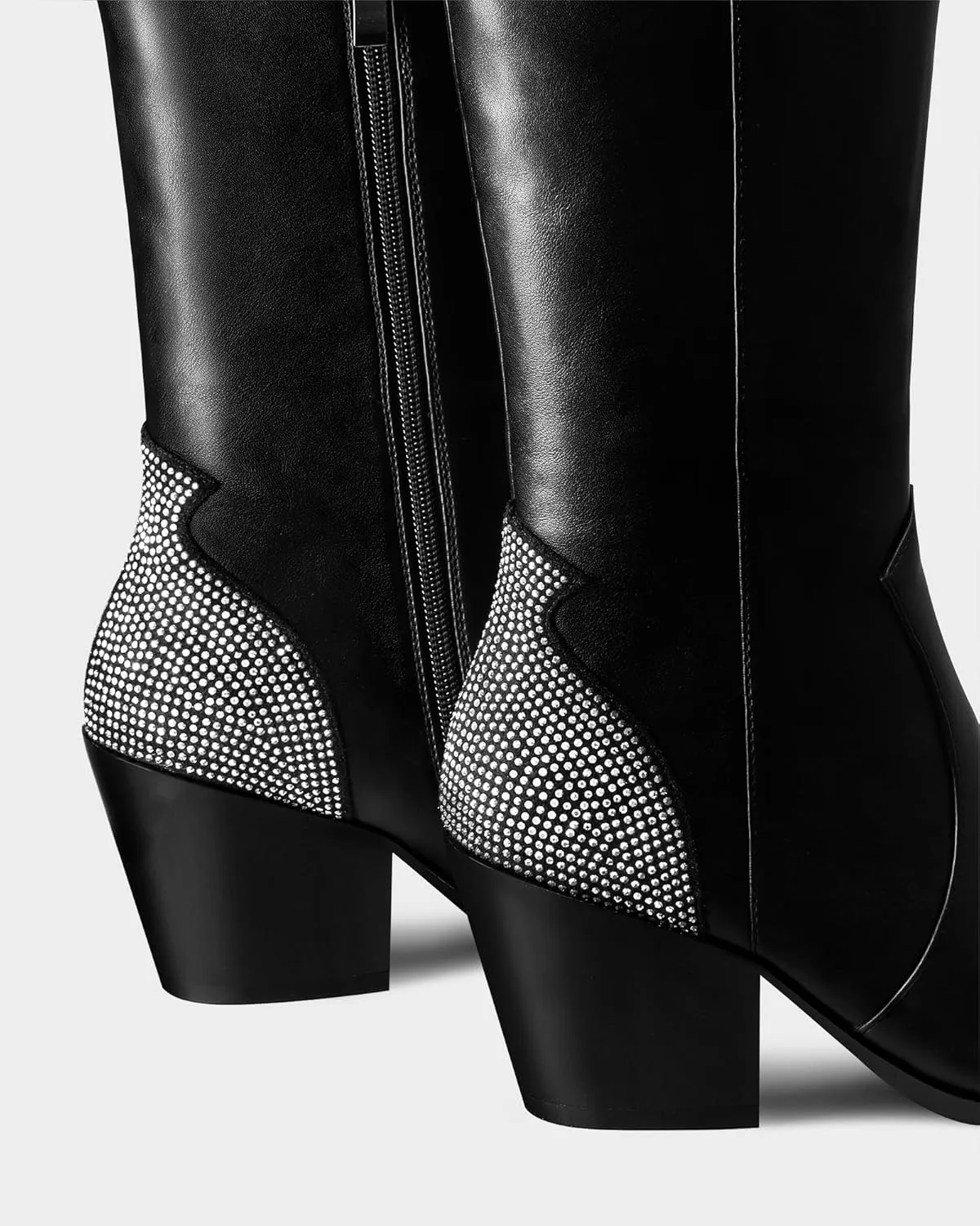 MUCCCUTE Cowboy Boots for Women Black Thigh High Boots - Fashion Cowgirl Over The Knee Boots with Rhinestone - Pointed Toe Chunky Heels Side Zipper Fall Tall Boots for Ladies