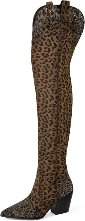 MUCCCUTE Cowboy Boots for Women Black Thigh High Boots - Fashion Cowgirl Over The Knee Boots with Rhinestone - Pointed Toe Chunky Heels Side Zipper Fall Tall Boots for Ladies