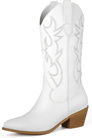 MUCCCUTE Cowboy Boots for Women Cowgirl Boots Wide Calf Pointed Toe Embroidered Fashion Western Chunky Pull On