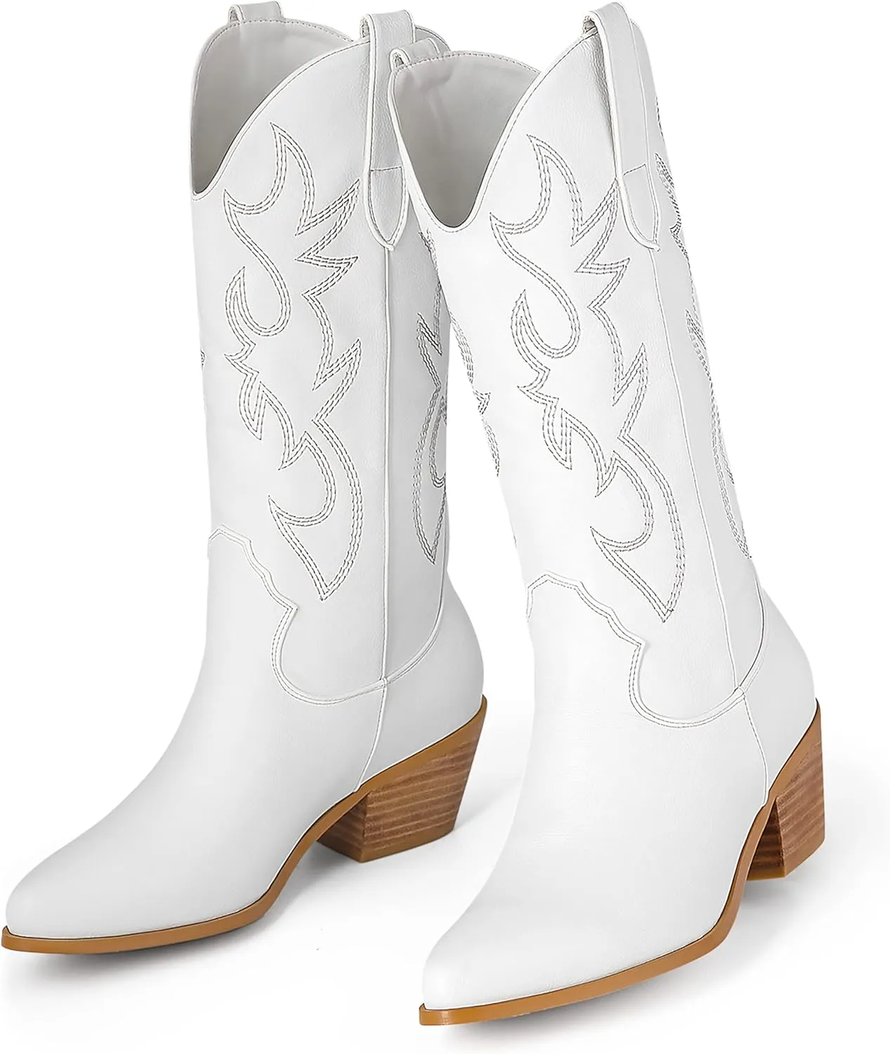 MUCCCUTE Cowboy Boots for Women Cowgirl Boots Wide Calf Pointed Toe Embroidered Fashion Western Chunky Pull On