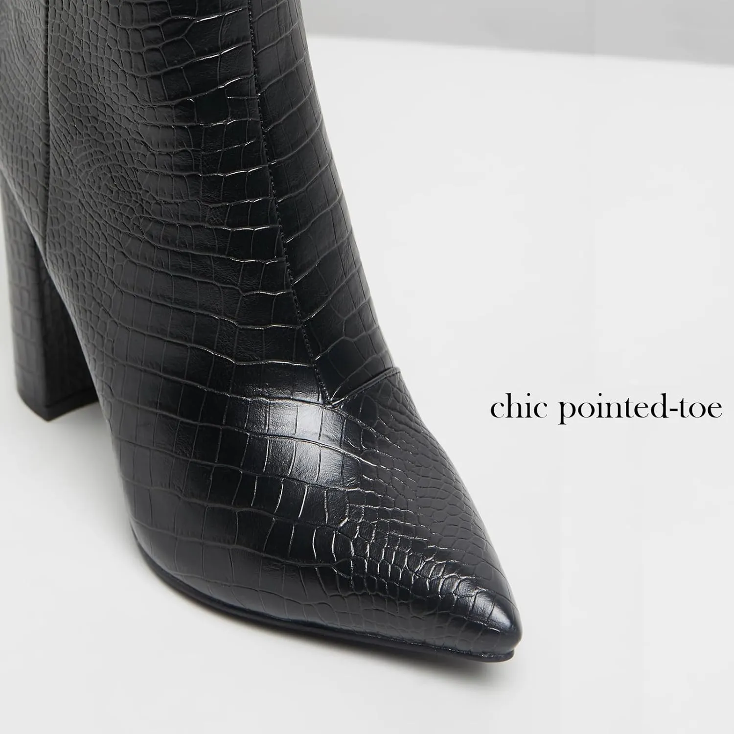 MUCCCUTE Knee High Boots Women - Black/Silver/Green/Nude Chunky High Heel Pointed Toe Fashion Faux Crocodile GoGo Boots, Block Heeled Boots with Side Zipper Pull-On