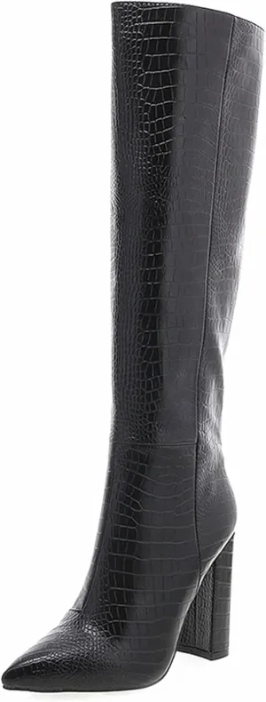 MUCCCUTE Knee High Boots Women - Black/Silver/Green/Nude Chunky High Heel Pointed Toe Fashion Faux Crocodile GoGo Boots, Block Heeled Boots with Side Zipper Pull-On