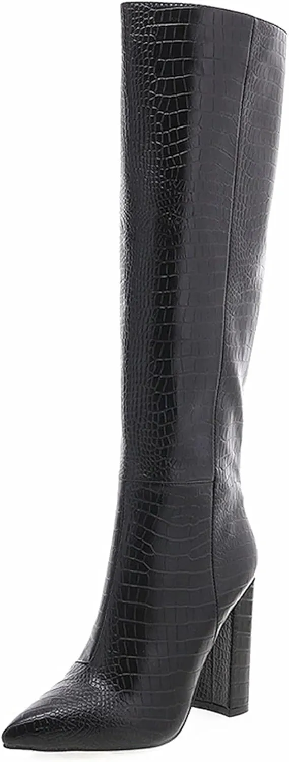 MUCCCUTE Knee High Boots Women - Black/Silver/Green/Nude Chunky High Heel Pointed Toe Fashion Faux Crocodile GoGo Boots, Block Heeled Boots with Side Zipper Pull-On