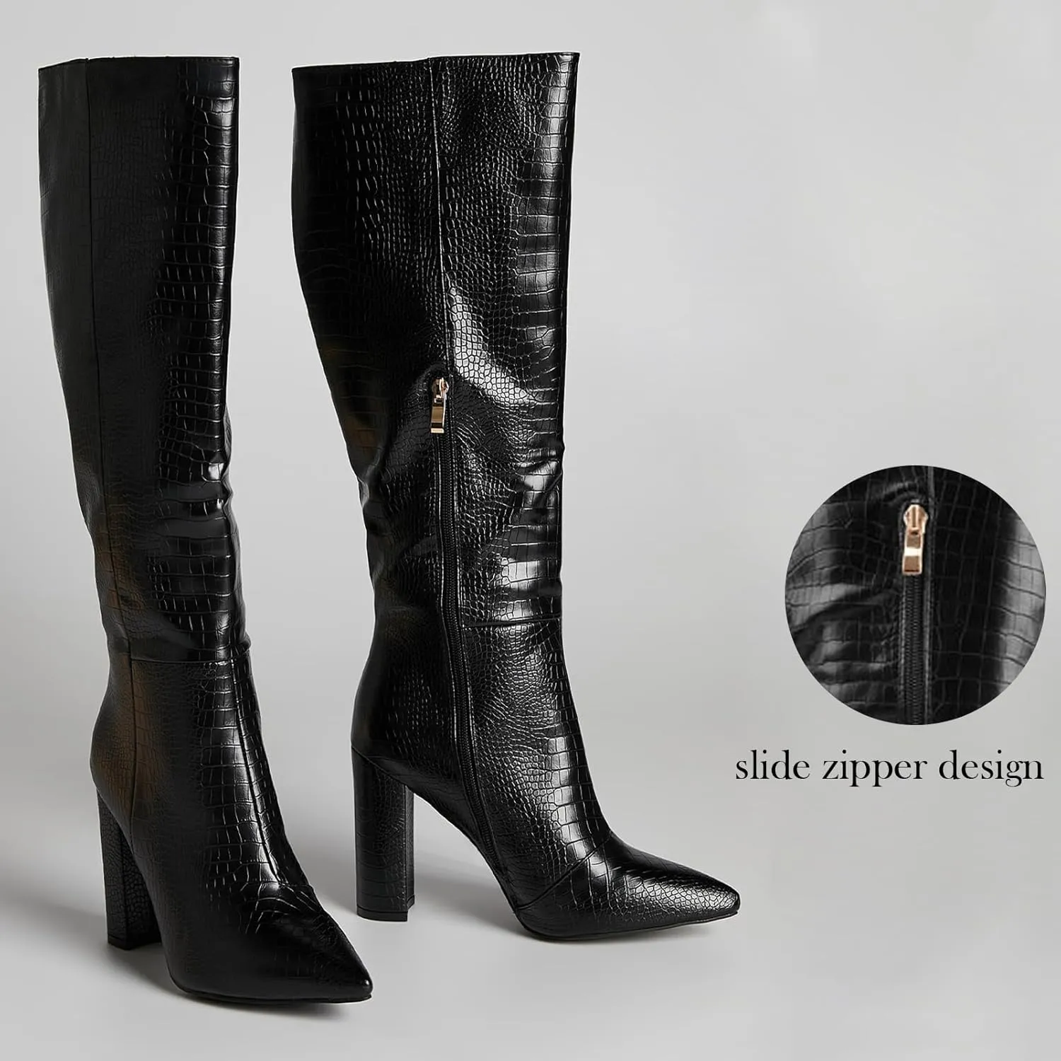 MUCCCUTE Knee High Boots Women - Black/Silver/Green/Nude Chunky High Heel Pointed Toe Fashion Faux Crocodile GoGo Boots, Block Heeled Boots with Side Zipper Pull-On