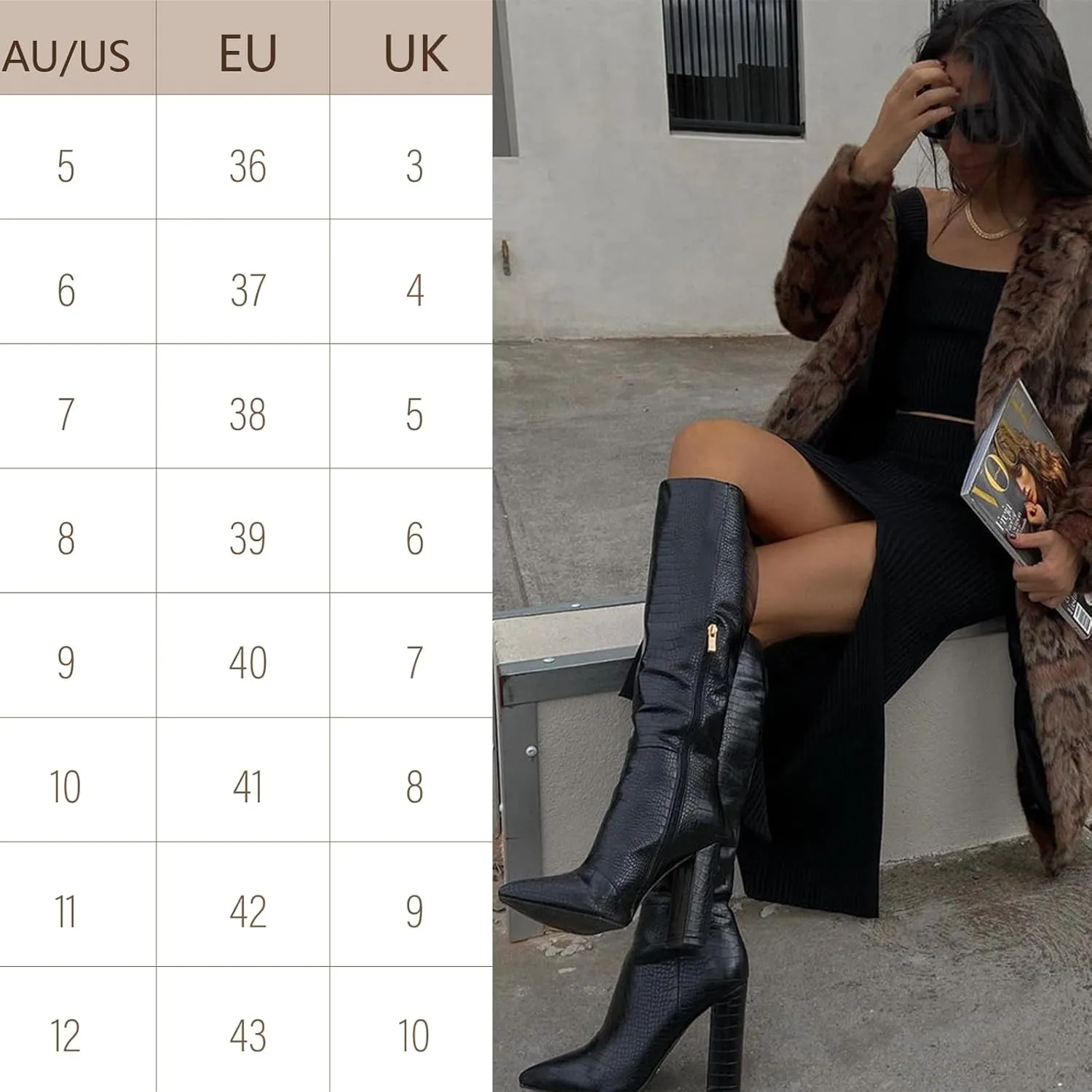 MUCCCUTE Knee High Boots Women - Black/Silver/Green/Nude Chunky High Heel Pointed Toe Fashion Faux Crocodile GoGo Boots, Block Heeled Boots with Side Zipper Pull-On