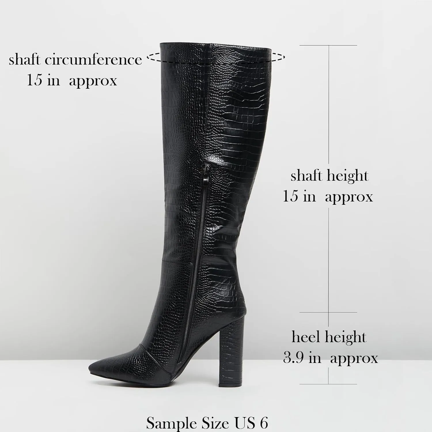 MUCCCUTE Knee High Boots Women - Black/Silver/Green/Nude Chunky High Heel Pointed Toe Fashion Faux Crocodile GoGo Boots, Block Heeled Boots with Side Zipper Pull-On