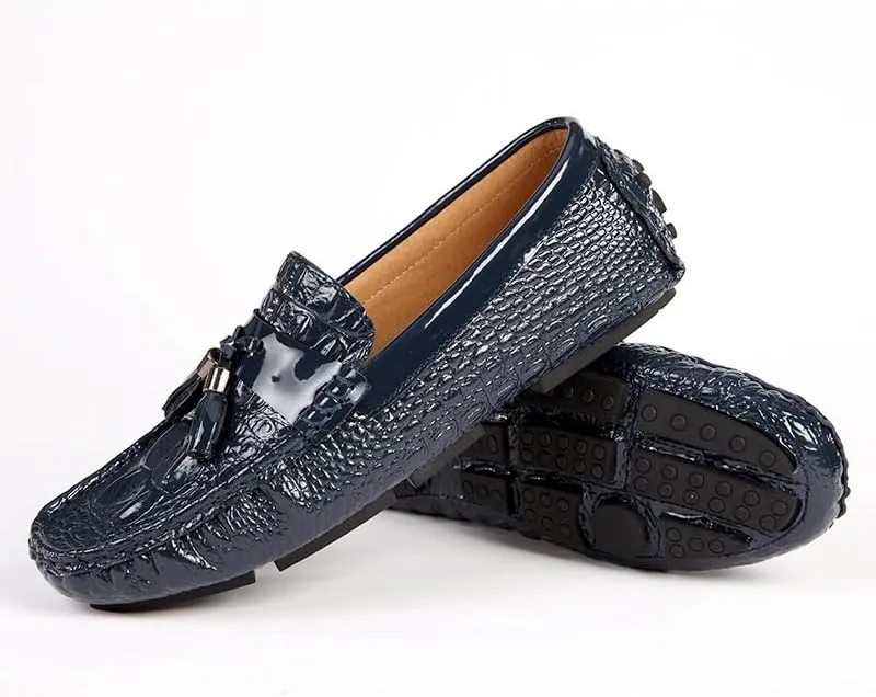 New Men's Loafers Shoes Round Toe PU Leather Crocodile Print Tassel Driving Loafers Flat Heel Anti-Slip Flexible Outdoor Slip-ons