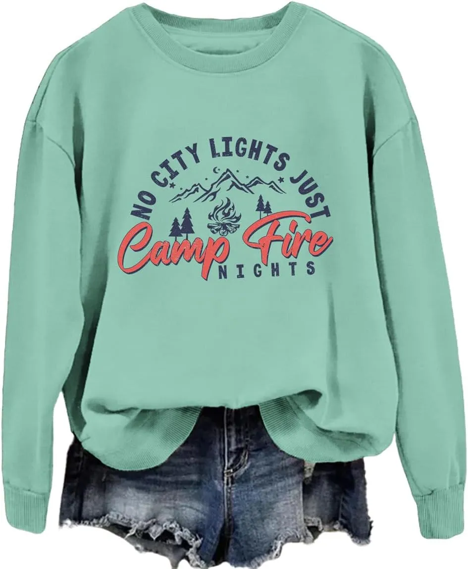 No City Lights Just Campfire Nights Sweatshirt Camping Life Sweater Camper Shirt Women Casual Campfire Pullover Tops